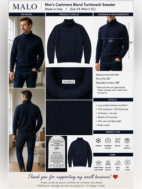 Malo Men’s Size 54 Cashmere Blend Cable Knit Turtleneck Sweater Made Italy Navy